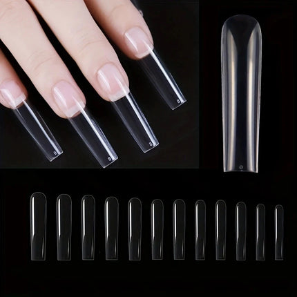 240Pcs Clear Extra‑Long Square Full‑Cover False Nail Tips 12 Sizes Press‑On Fake Nails For Nail Art DIY Supplies