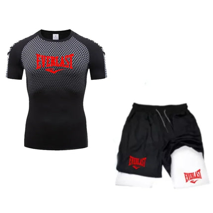 EVERLAST Men's Compress Shirt + 2-in-1 sports shorts 2pcs Set Leisure Breath Short Sleeve Sport Jogging Gym Brand Print Clothing platinumshop