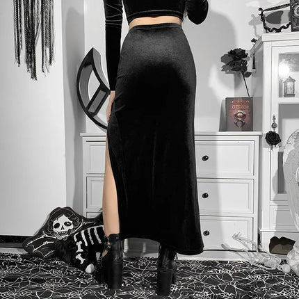 Damen-Punk-Rock-Stil-Rock, neuartiger eleganter langer Rock für Halloween und Festivals, hohe Taille, schlanke Passform, mit sexy Schleife und seitlichem Schlitz, Knielang