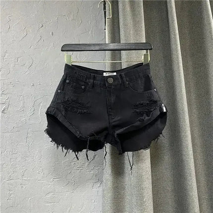 Shorts in denim da donna a vita alta, strappati, con orlo grezzo e sfilacciato, casual, hot pants - platinumshop