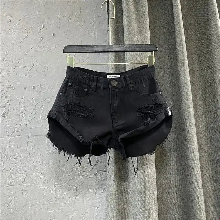Shorts in denim da donna a vita alta, strappati, con orlo grezzo e sfilacciato, casual, hot pants - platinumshop