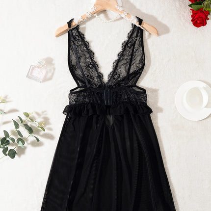 Lingerie sexy nera trasparente, camicia da notte in pizzo da donna, camicia da notte sexy senza maniche da donna con tessuto a rete, scollo a V.lingerie
