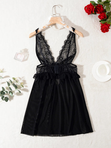 Lingerie sexy nera trasparente, camicia da notte in pizzo da donna, camicia da notte sexy senza maniche da donna con tessuto a rete, scollo a V.lingerie
