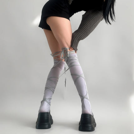 Chaussettes couvre-jambes punk pour femmes avec cravate au mollet Chaussettes à sangle au mollet de danse de ballet Chaussettes fines Y2K Chaussettes cosplay Lolita gothique japonais JK Club