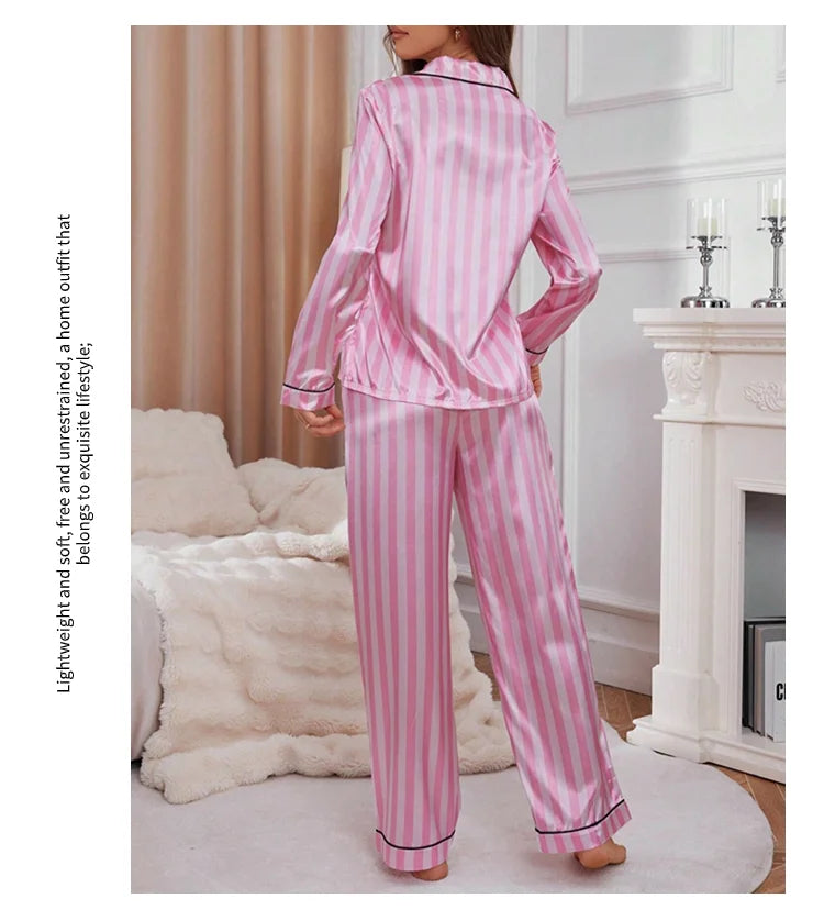 Pigiama da donna in raso con stampa a righe Victoria Autunno Manica lunga Bottoni Risvolto Top e pantaloni Indumenti da notte Comfort Indumenti da notte dalla vestibilità rilassata