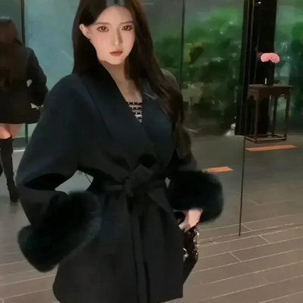 Korean Fashion Women Spring Thin Faux Fur Loose Coat Belt Vintage Jackets Clothes Casual Streetwear Korean Fashion Overcoats