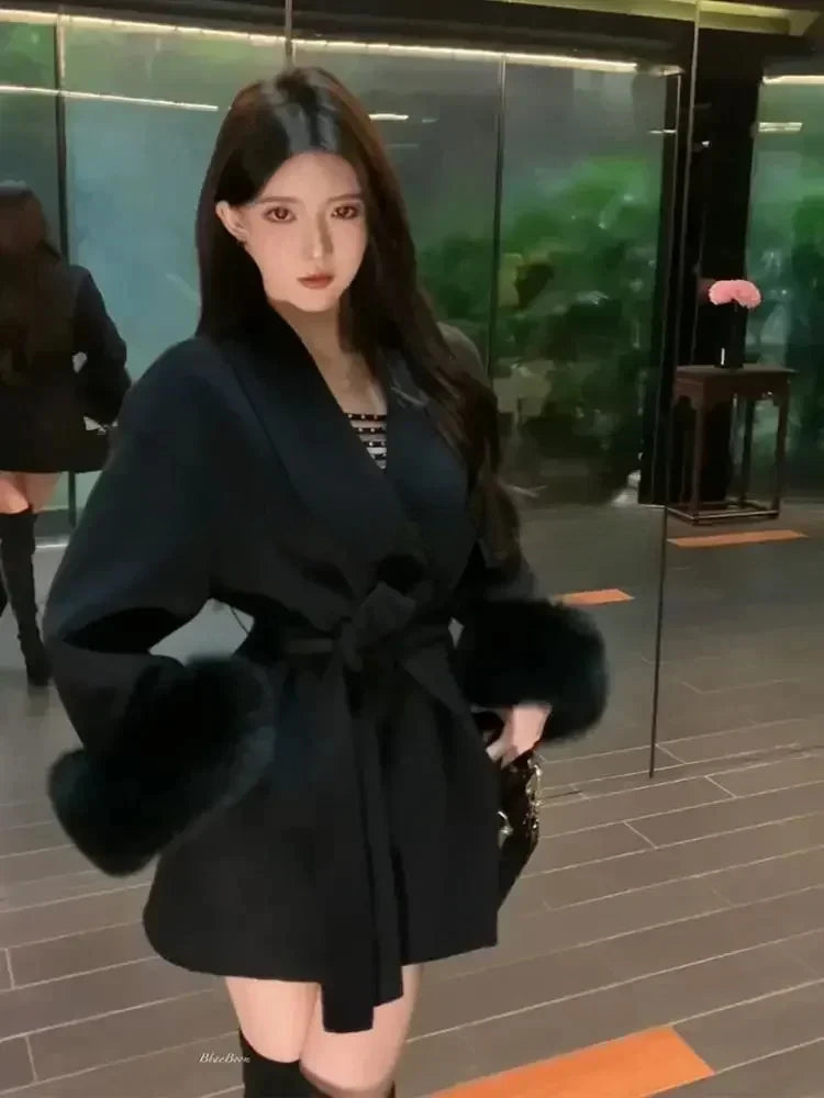 Korean Fashion Women Spring Thin Faux Fur Loose Coat Belt Vintage Jackets Clothes Casual Streetwear Korean Fashion Overcoats