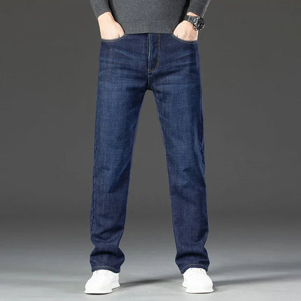 2026 Winter Thermal Stretch Jeans Men New Loose Straight Leg Casual Trousers Male Daily Commute Windproof Denim Pants