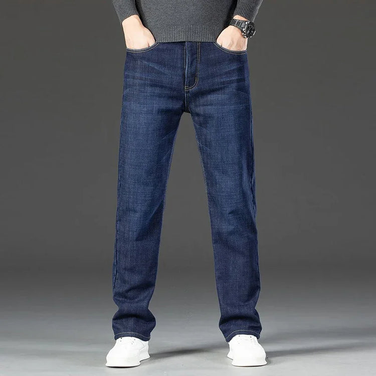 2026 Winter Thermal Stretch Jeans Men New Loose Straight Leg Casual Trousers Male Daily Commute Windproof Denim Pants