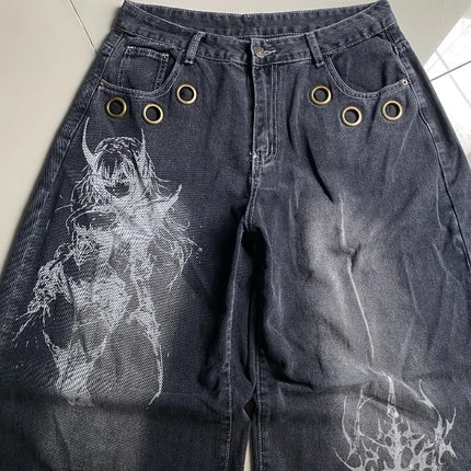 American New Fashion modello oversize stampato jeans lavati uomo Y2K gotico rock popolare casual Joker pantaloni a gamba larga a vita alta