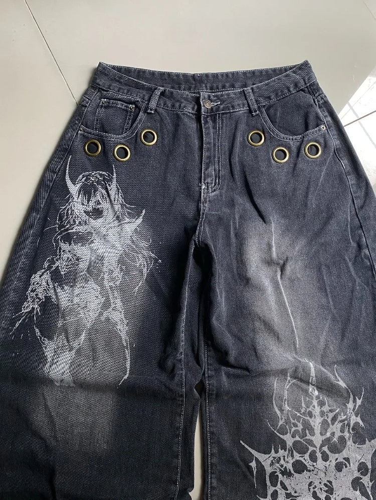 American New Fashion modello oversize stampato jeans lavati uomo Y2K gotico rock popolare casual Joker pantaloni a gamba larga a vita alta
