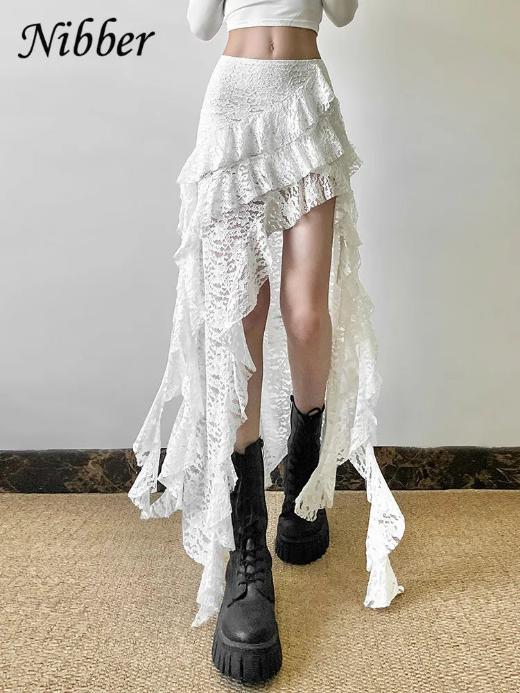 Nibber Nappe Gonne da donna Orlo irregolare Increspature multistrato Patchwork di pizzo Dolce tendenza estiva Pantaloni skinny versatili quotidiani