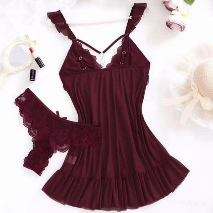 Set di 2 Pezzi Camicia da Notte Verde Scuro per Donna, Lingerie Sexy in Rete Trasparente con Slip, Pizzo e Spalline Sottili