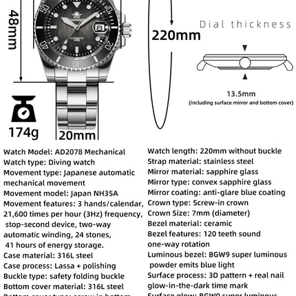 ADDIESDIVE Dive Watch Men NH35A Automatic 200M Waterproof Sapphire Crystal Ceramic Bezel Luminous Steel Wristwatch AD2078