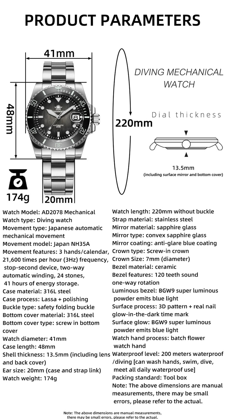 ADDIESDIVE Dive Watch Men NH35A Automatic 200M Waterproof Sapphire Crystal Ceramic Bezel Luminous Steel Wristwatch AD2078