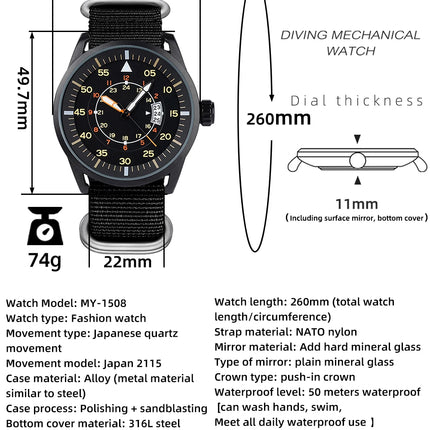 ADDIESDIVE 44mm Men's Fashion Quartz Watch 50m Waterproof Luminous Watch Large Dial High Quality Nylon Strap Men's Analog Watch
