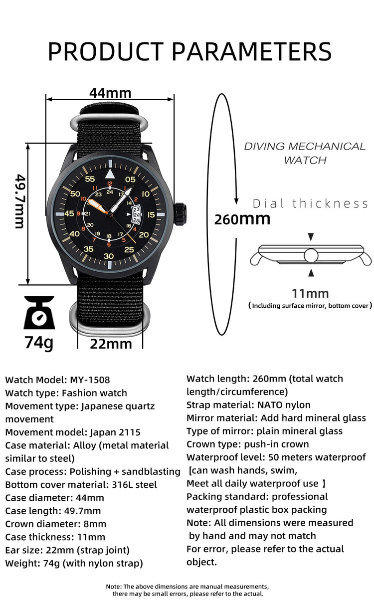 ADDIESDIVE 44mm Men's Fashion Quartz Watch 50m Waterproof Luminous Watch Large Dial High Quality Nylon Strap Men's Analog Watch