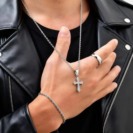 Set di Gioielli Hip Hop da Uomo 3 Pezzi, Ciondolo a Croce in Acciaio Inossidabile, Bracciale con Catena a Corda Intrecciata, Set di Gioielli Regalo per Papà, Figlio, Marito platinumshop