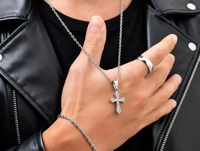 Set di Gioielli Hip Hop da Uomo 3 Pezzi, Ciondolo a Croce in Acciaio Inossidabile, Bracciale con Catena a Corda Intrecciata, Set di Gioielli Regalo per Papà, Figlio, Marito platinumshop