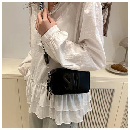 Chic SM Letter Camera Bags, Stylish Women’s Crossbody Small Square Purses with Wide Patterned Straps, Perfect for Daily Casual PlatiNum