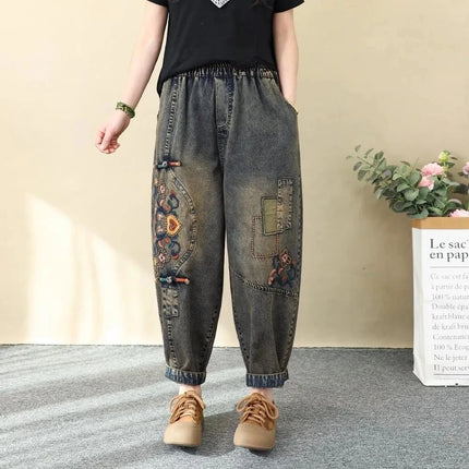 Jeans Ricamati Artistici Retrò da Donna, Nuovi Pantaloni Casual in Denim Elasticizzato a Vita Alta, Collezione Primavera Autunno 2026