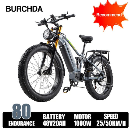BURCHDA RX80 Bicicletta Elettrica per Adulti, Motore 1000W, Batteria 48V20AH960WH, E-bike con Pneumatici Fat da 26 Pollici per Tutti i Terreni, 45KM/H, E-Mountain Bike