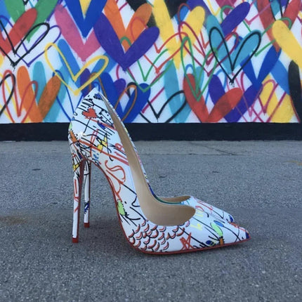 Tacchi altissimi personalizzati multicolori da 12 cm, pelle verniciata bianca nuda, suola rossa sexy, scarpe sottili a punta per ordine singolo platinumshop
