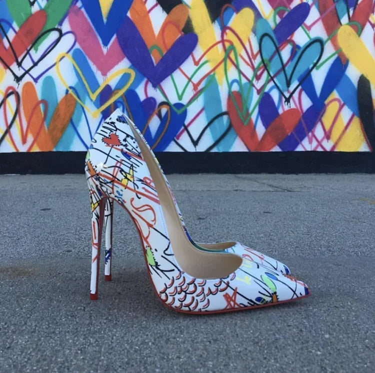 Tacchi altissimi personalizzati multicolori da 12 cm, pelle verniciata bianca nuda, suola rossa sexy, scarpe sottili a punta per ordine singolo platinumshop