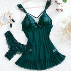 Set di 2 Pezzi Camicia da Notte Verde Scuro per Donna, Lingerie Sexy in Rete Trasparente con Slip, Pizzo e Spalline Sottili