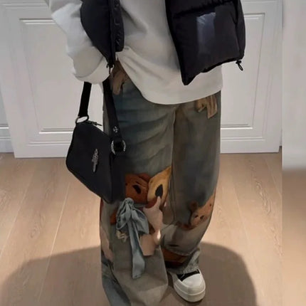 Jeans Y2K con Stampa Orsetto, Pantaloni a Gamba Larga Stile Vintage alla Moda per Donna, Primavera Autunno