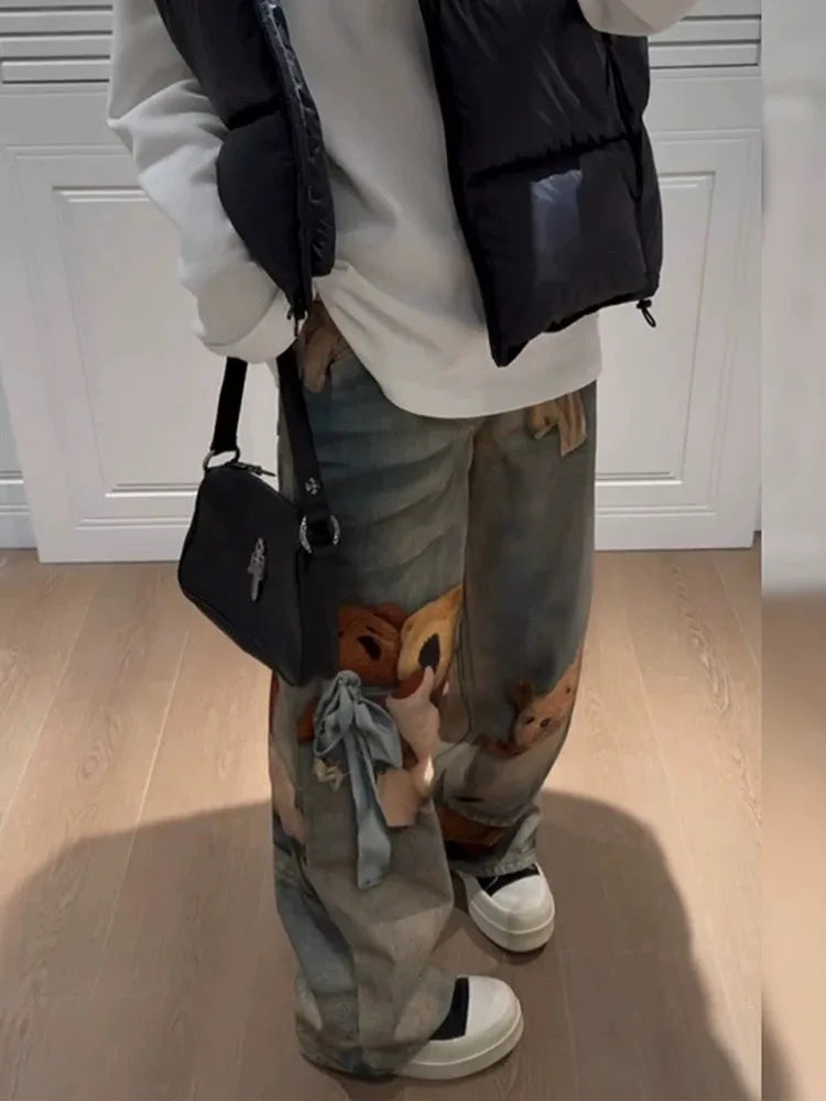 Jeans Y2K con Stampa Orsetto, Pantaloni a Gamba Larga Stile Vintage alla Moda per Donna, Primavera Autunno