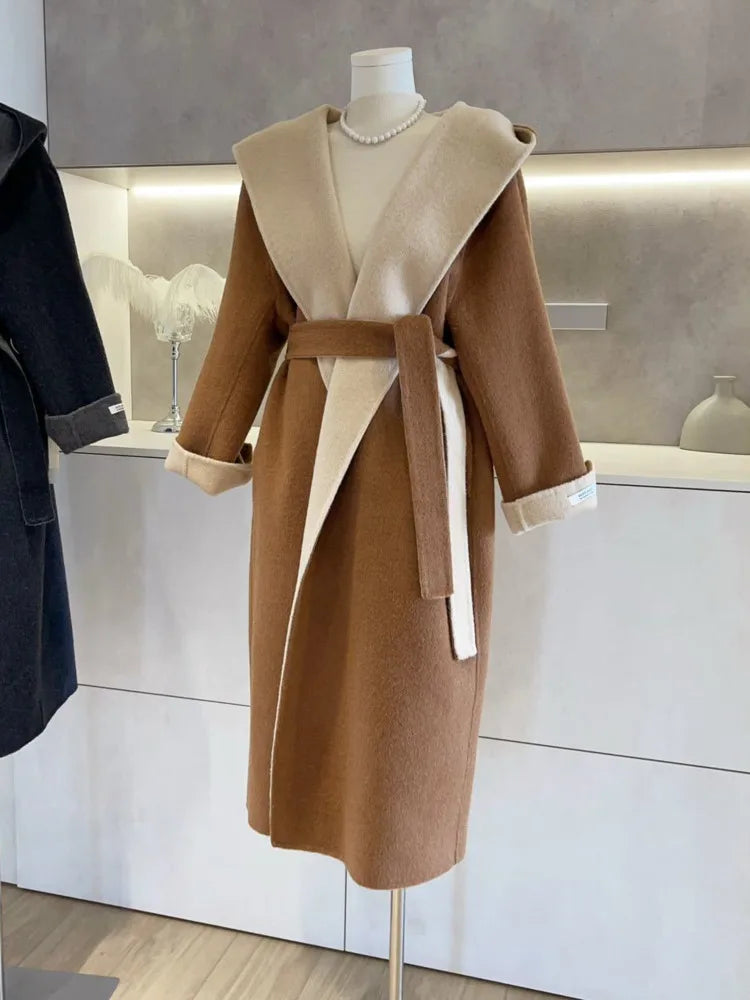 UCXQ Color Blocked Double Sided Wool Coat For Women Hooded Long Sleeved Belt Cardigan Coats 2025 Autumn Winter New Tide 23Z3934