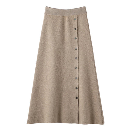 Women 100% Cashmere Skirts Office Lady Autumn Winter Knitted High Waist A-Skirt Graceful Long Warm front-open skirt with buttons PlatiNum