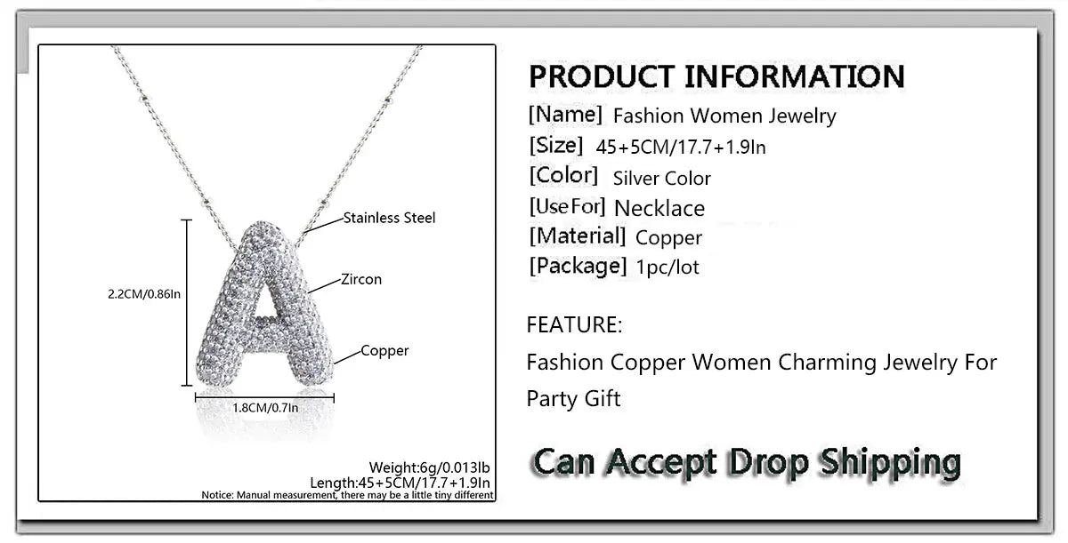 MHS.SUN Collana con iniziale a bolle di alta qualità Lettera AZ Colore argento Zircone 26 Ciondolo con palloncino iniziale per gioielli da donna