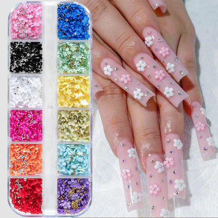 1box 3D Flower Bow Nail Art Decorations Kit Pink/White Acrylic Floral/Peal Beads Nail Charm with Wax Pen/Tweezer 4/6mm Nail Part Nail