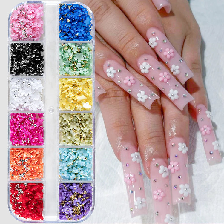 1box 3D Flower Bow Nail Art Decorations Kit Pink/White Acrylic Floral/Peal Beads Nail Charm with Wax Pen/Tweezer 4/6mm Nail Part Nail