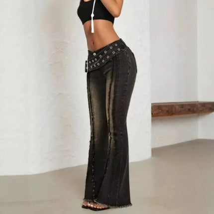 Women Vintage Washed Flare Jeans With Wide Belt Raw Hem Split Hem Seam Detail High Waist Slim Fit Denim Pants