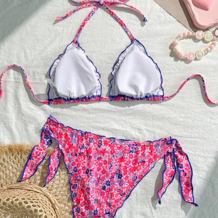 Nuovo Set Bikini Donna Estivo con Stampa Floreale Arancione, Halter con Volant, Push-Up e Perizoma con Laccetti Laterali PlatiNum