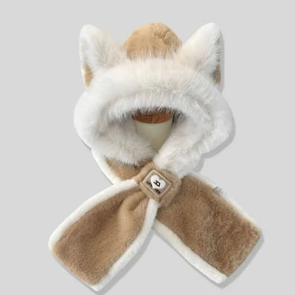 New Fox Ears Integrated Hat Scarf Set Warm Pullover Cap Windproof Coldproof Ear Protection Hat Outdoor Sports