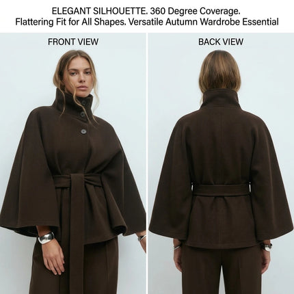 Women's Cape Coat Elegant Stand Collar Belted Solid Color Button Down Autumn Winter Jacket
