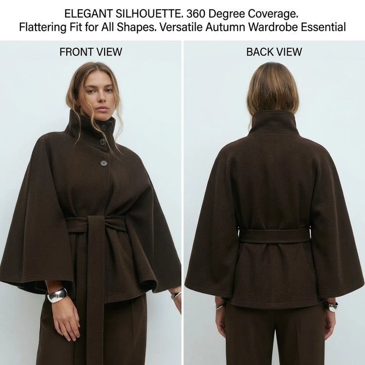 Women's Cape Coat Elegant Stand Collar Belted Solid Color Button Down Autumn Winter Jacket