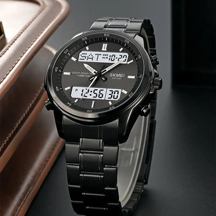 Skmei orologio da polso analogico al quarzo da uomo cinturino in acciaio inossidabile di lusso Led impermeabile digitale sportivo sveglia a tre fusi orari platinumshop