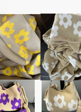 Borsa a tracolla da donna in stile boho, realizzata a mano con lavorazione all'uncinetto, decorata con fiori, cordoncino, occhielli metallici e nappe floreali, ideale per l'uso quotidiano, la spiaggia e le attività all'apert