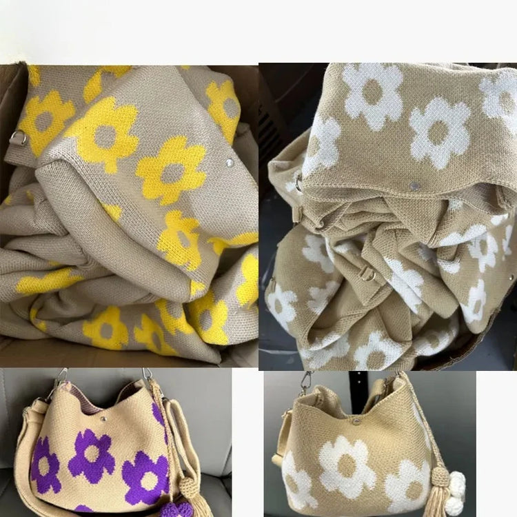 Borsa a tracolla da donna in stile boho, realizzata a mano con lavorazione all'uncinetto, decorata con fiori, cordoncino, occhielli metallici e nappe floreali, ideale per l'uso quotidiano, la spiaggia e le attività all'apert