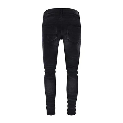 Designer street fashion men's jeans washed, elastic, slim fit, perforated, cashew flower patch, black denim high street pants, h PlatiNum