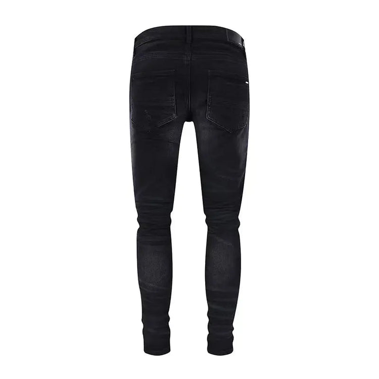 Designer street fashion men's jeans washed, elastic, slim fit, perforated, cashew flower patch, black denim high street pants, h PlatiNum