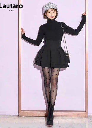 Minigonna a balze Lautaro Primavera Estate Nera Dolce Carina Kawaii a Vita Alta da Donna, Abbigliamento Cutecore Stile Giapponese Moda
