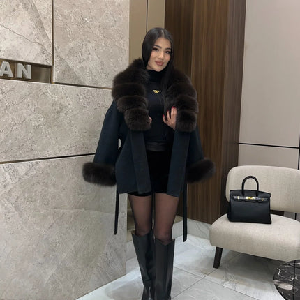 Solid Color Faux Fur Collar Cuff Wool Coat Women Belted Waist Short Jacket 2026 Winter Lady Street Daily Party Casual Outwear