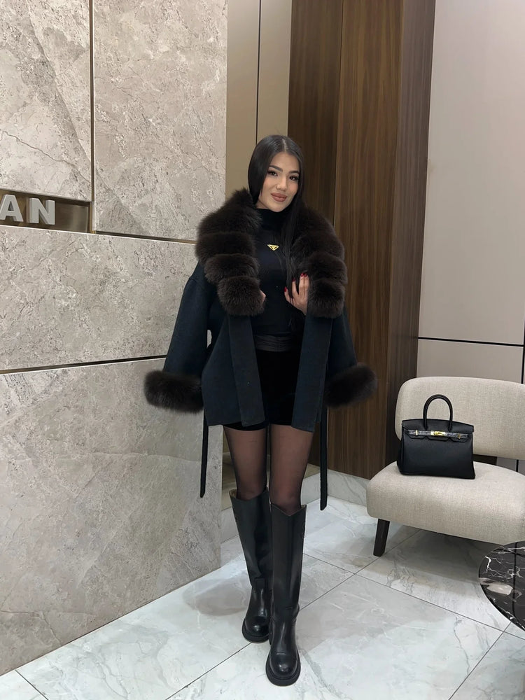 Solid Color Faux Fur Collar Cuff Wool Coat Women Belted Waist Short Jacket 2026 Winter Lady Street Daily Party Casual Outwear