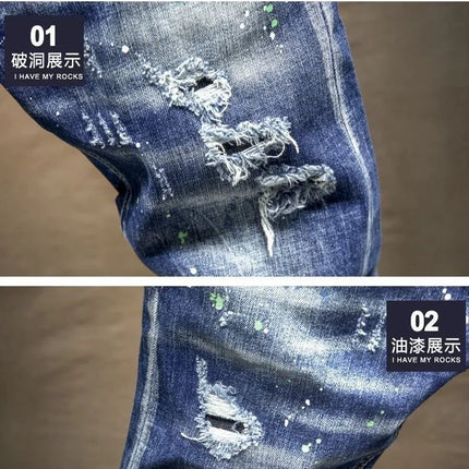 Spring and Autumn New Fashion Trend Ripped Retro Straight Leg Blue Jeans Men's Casual Loose Comfortable Breathable Denim Pants PlatiNum